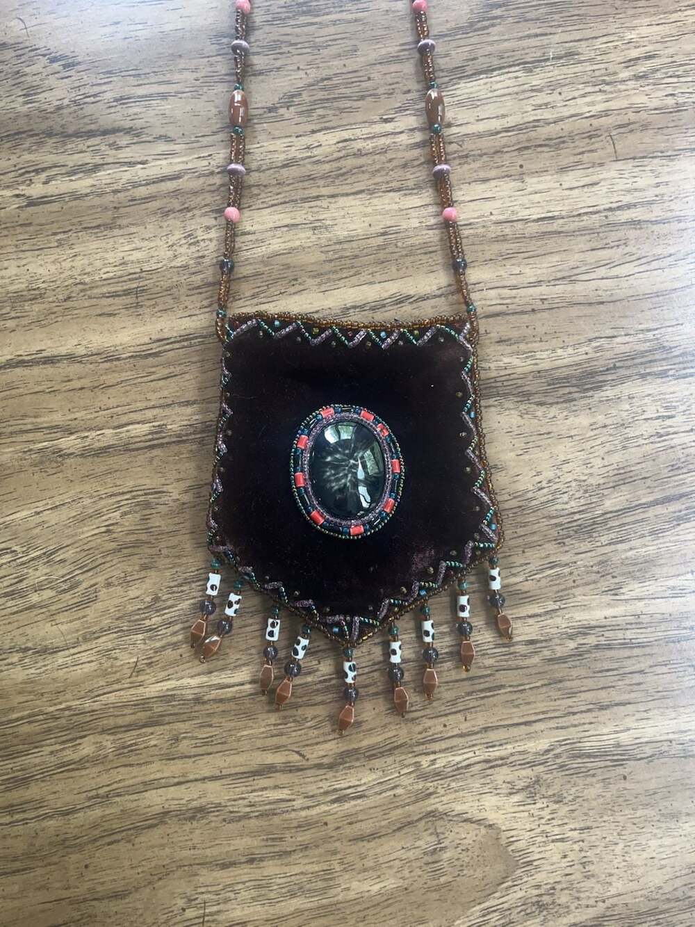 Vintage Brown Velvet Beaded Medicine Bag Necklace with Agate Stone